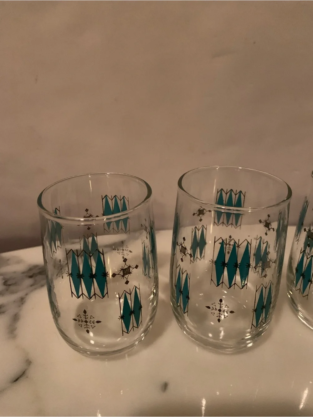 Vintage Mid-Century Modern Atomic Teal & Black Geometric Juice Glasses Set Of 4